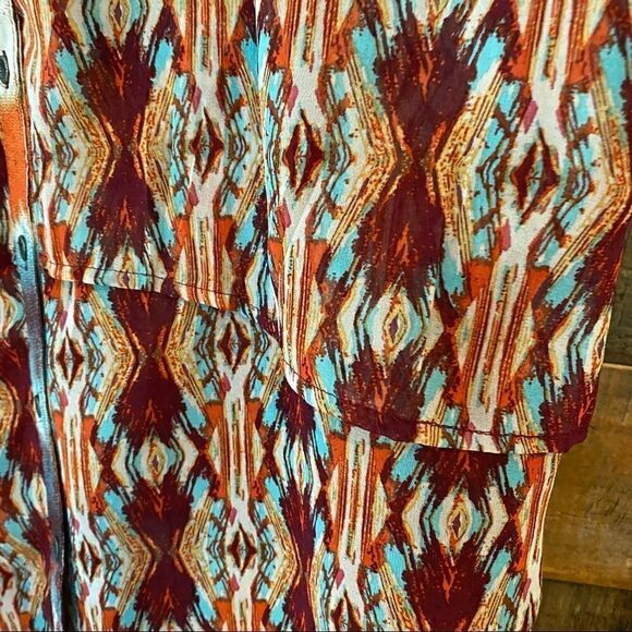 Figueroa & Flower M Turquoise Orange Aztec Ornate Design BOHO Flowy Light Blouse - Picture 8 of 11